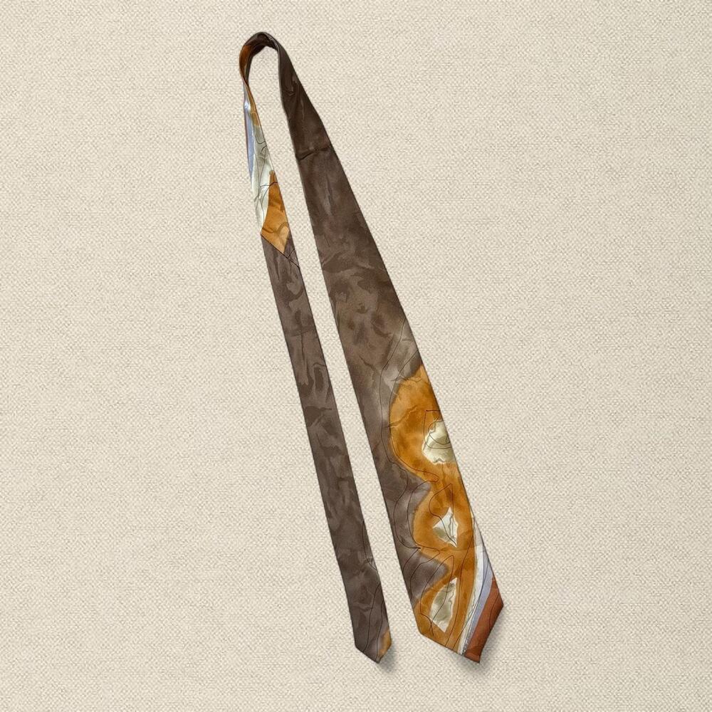 100% Silk Vintage Tie Abstract Brown Gold Swirl Pattern J. Garcia